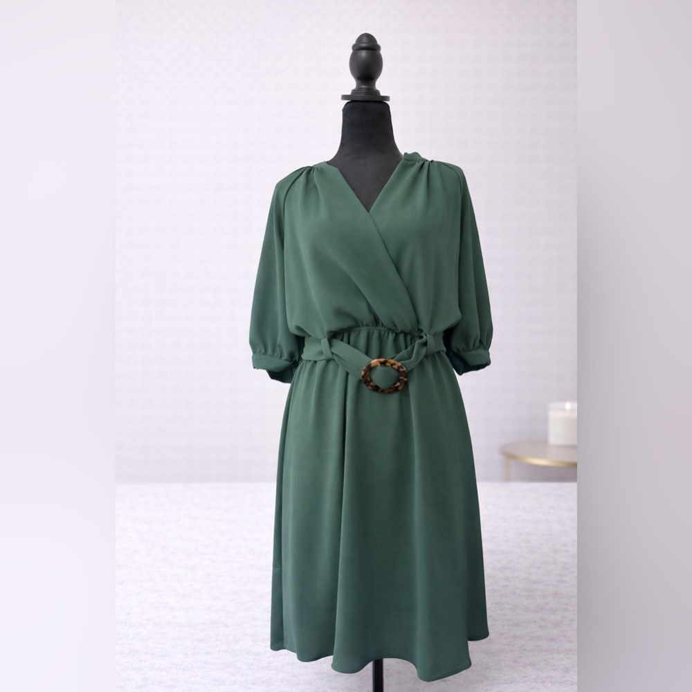 NWT - Forest Green Wrap Midi Dress w/ Belt | Flowy Elegant Dress | Size Large